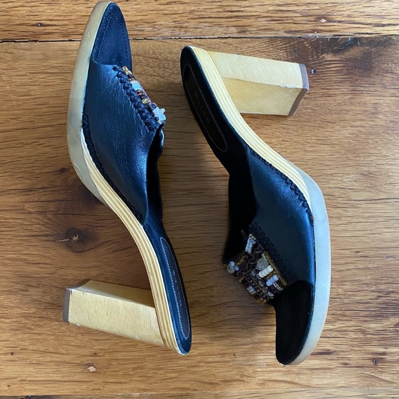 Rylee Leather Beaded Wood Heel Boho Chunky Heel Slides SZ 8.5 in Black - Picture 4 of 10